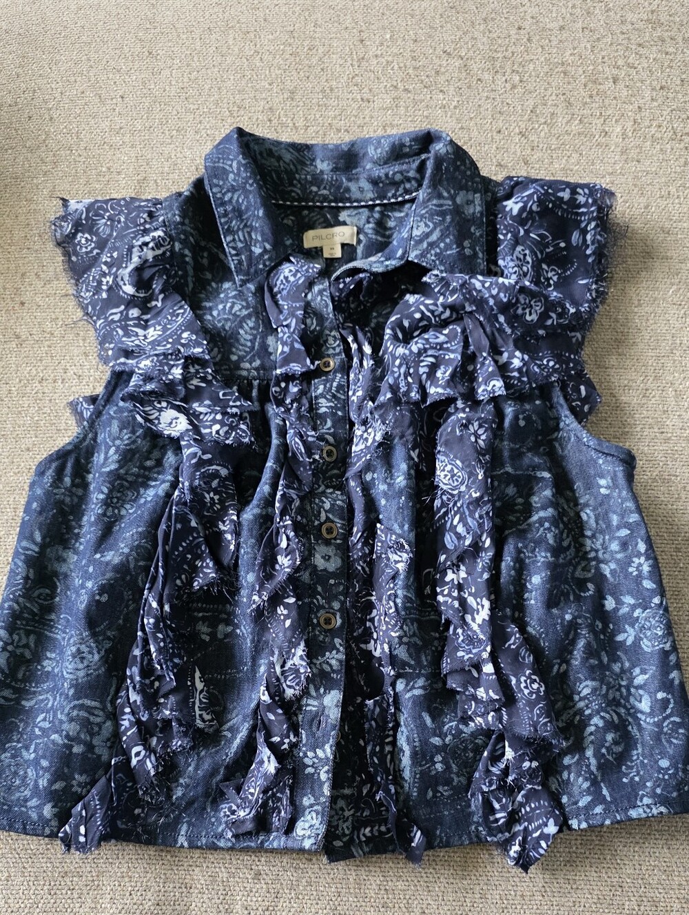 Pilcro Sleeveless Buttondown Blouse Blue Paisley Flowy Country Festival Style - Picture 2 of 6